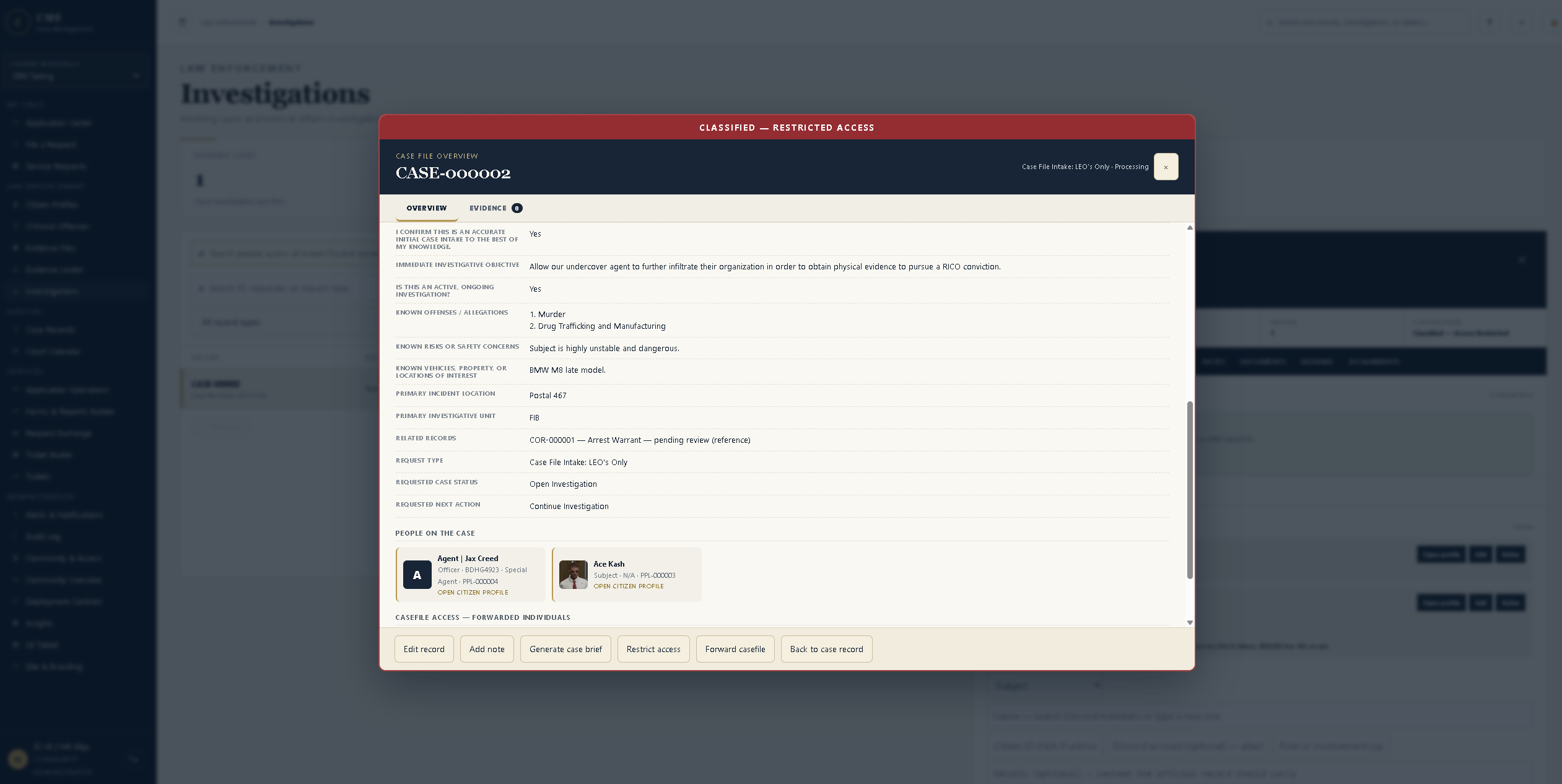 Detailed investigator casefile in the real CMS interface