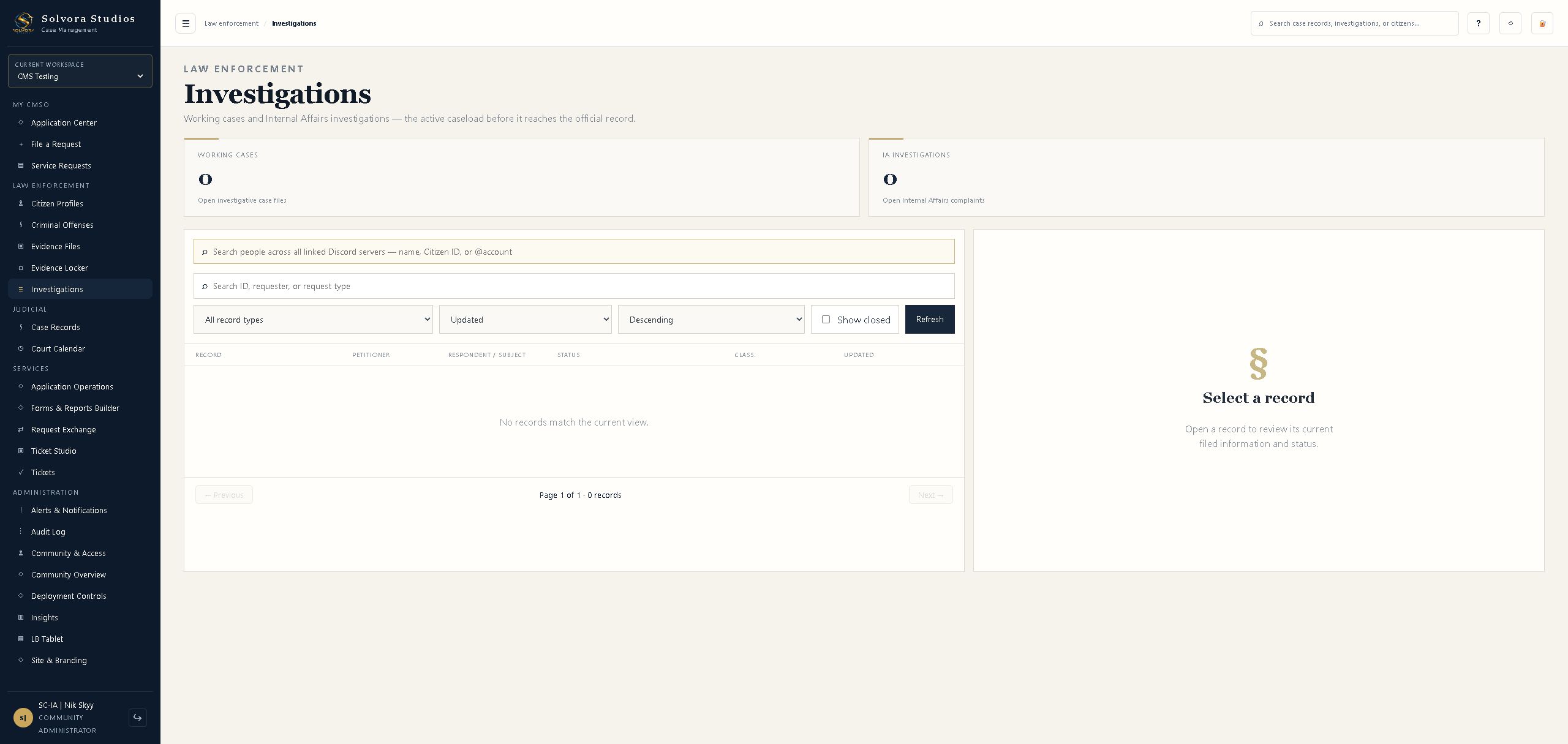 CMS investigations workspace with casefile records