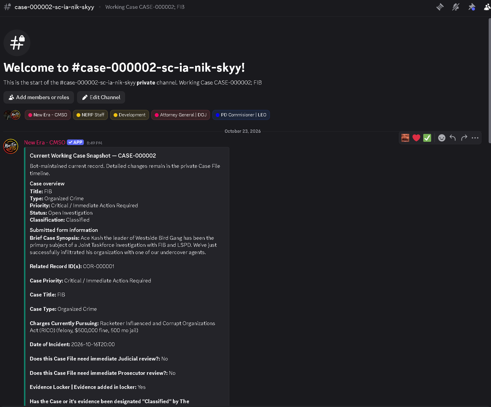 Confidential Discord casefile channel generated by CMS